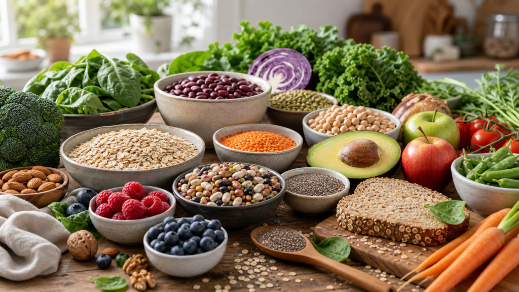 High-fiber foods including oats, beans, lentils, berries, vegetables, seeds, and whole grains.