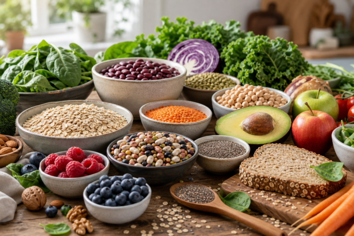 High-fiber foods including oats, beans, lentils, berries, vegetables, seeds, and whole grains.