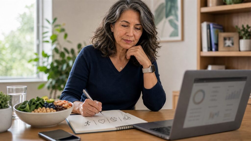 Woman reviewing health trends with a notebook, wearable fitness watch, whole foods, and blurred charts.