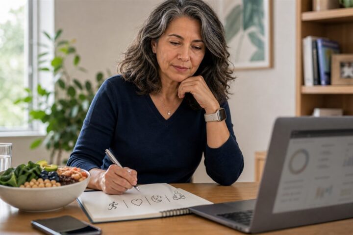 Woman reviewing health trends with a notebook, wearable fitness watch, whole foods, and blurred charts.