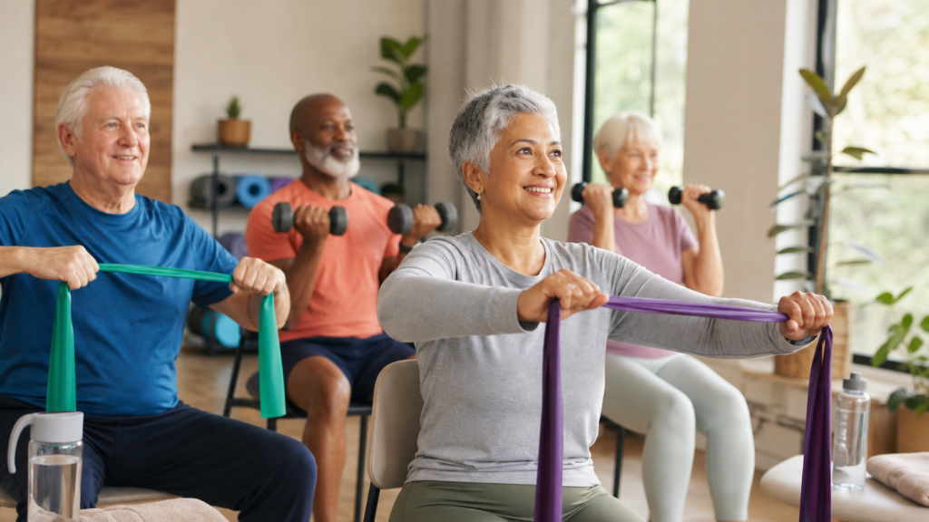 Older adults doing resistance band and dumbbell exercises in a bright room.