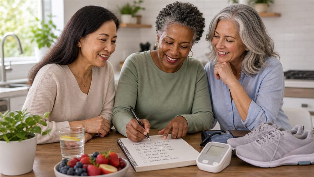 Women over 50 creating a healthy living checklist with water, fruit, walking shoes, and a blood pressure cuff.
