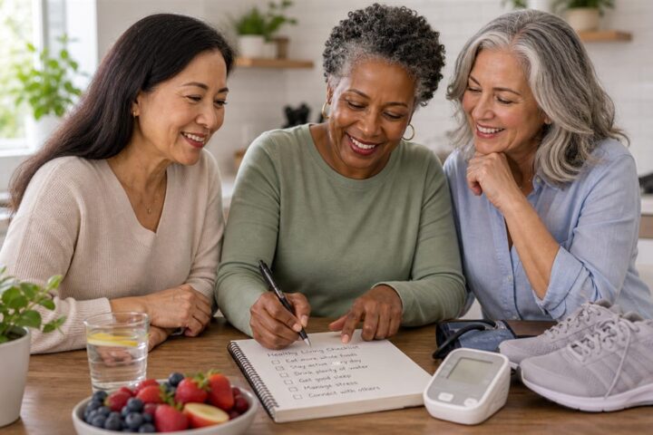 Women over 50 creating a healthy living checklist with water, fruit, walking shoes, and a blood pressure cuff.