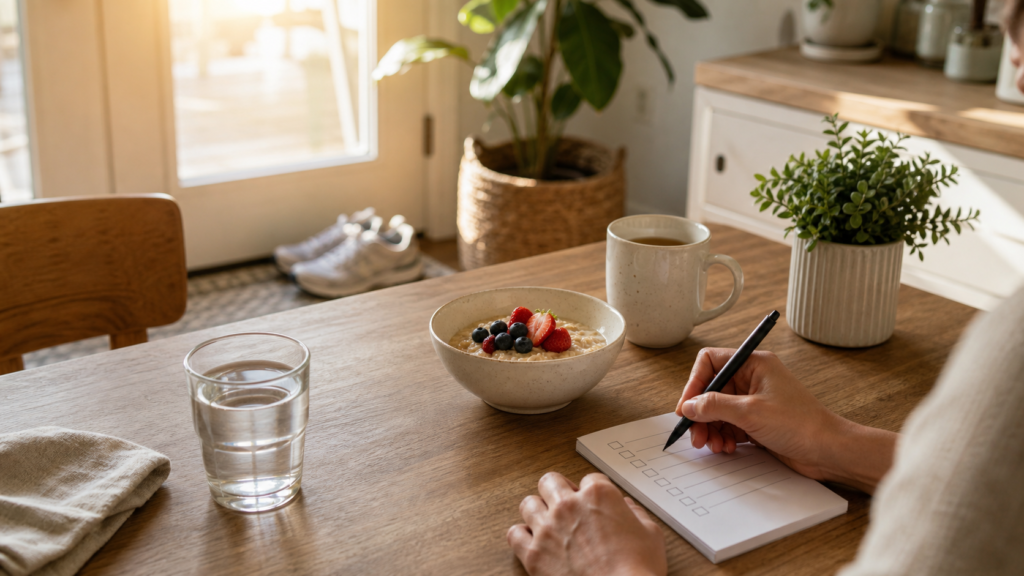 Healthy morning routine with water, oats, walking shoes, and a habit checklist.