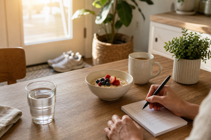 Healthy morning routine with water, oats, walking shoes, and a habit checklist.
