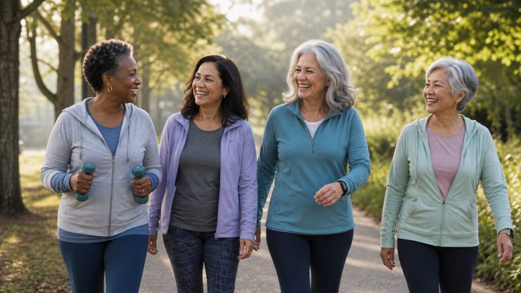 Women over 55 walking together outdoors as part of a longevity-focused healthy aging routine.