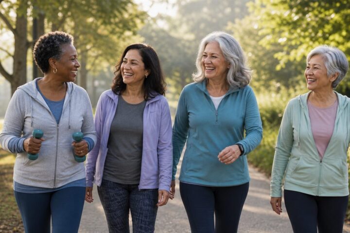 Women over 55 walking together outdoors as part of a longevity-focused healthy aging routine.