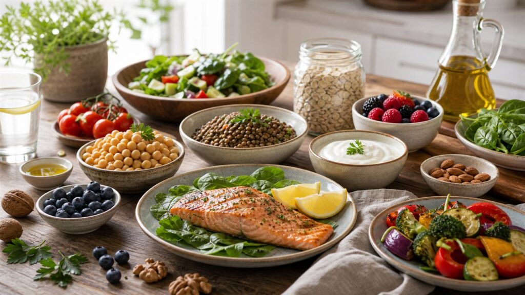 Mediterranean-style meal with salmon, lentils, greens, berries, yogurt, walnuts, olive oil, and water.