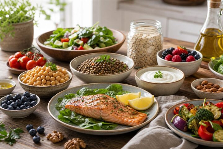 Mediterranean-style meal with salmon, lentils, greens, berries, yogurt, walnuts, olive oil, and water.