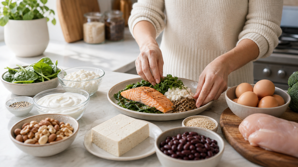 Protein-rich whole foods including eggs, yogurt, lentils, fish, tofu, beans, nuts, and greens.