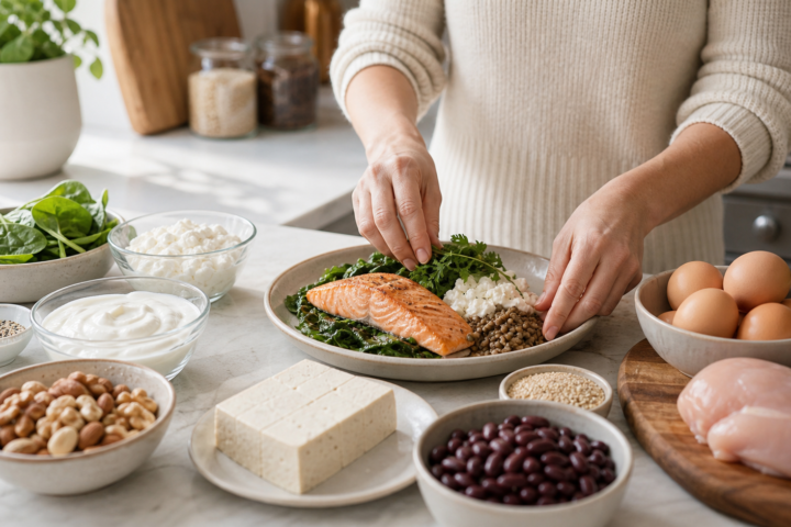 Protein-rich whole foods including eggs, yogurt, lentils, fish, tofu, beans, nuts, and greens.
