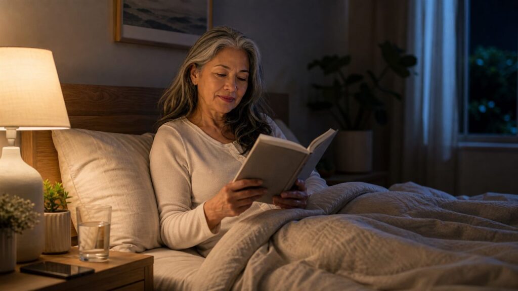 Woman over 50 preparing for sleep with a book, water, phone away from bed, and breathable bedding.