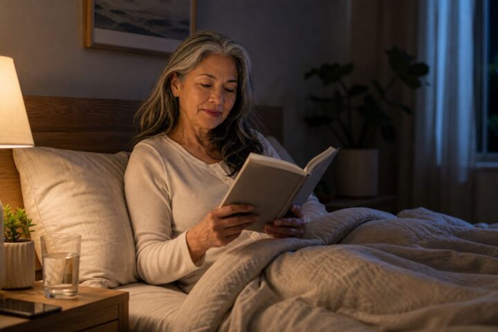 Woman over 50 preparing for sleep with a book, water, phone away from bed, and breathable bedding.