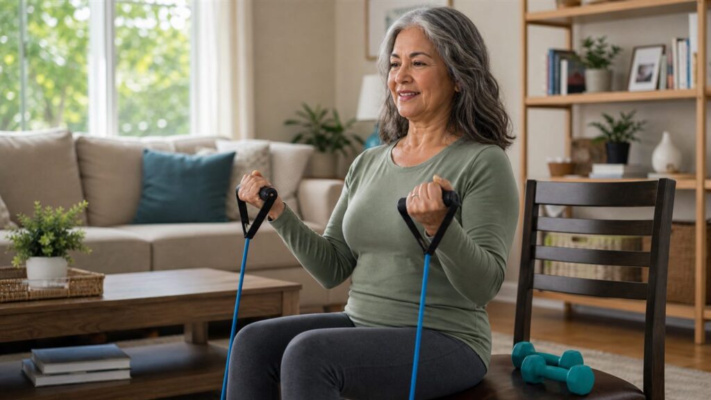 Woman over 50 doing beginner strength training with resistance bands and light dumbbells at home.