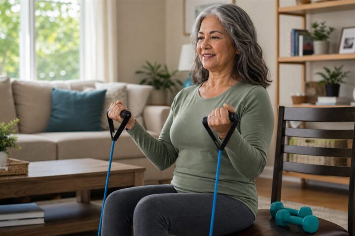 Woman over 50 doing beginner strength training with resistance bands and light dumbbells at home.