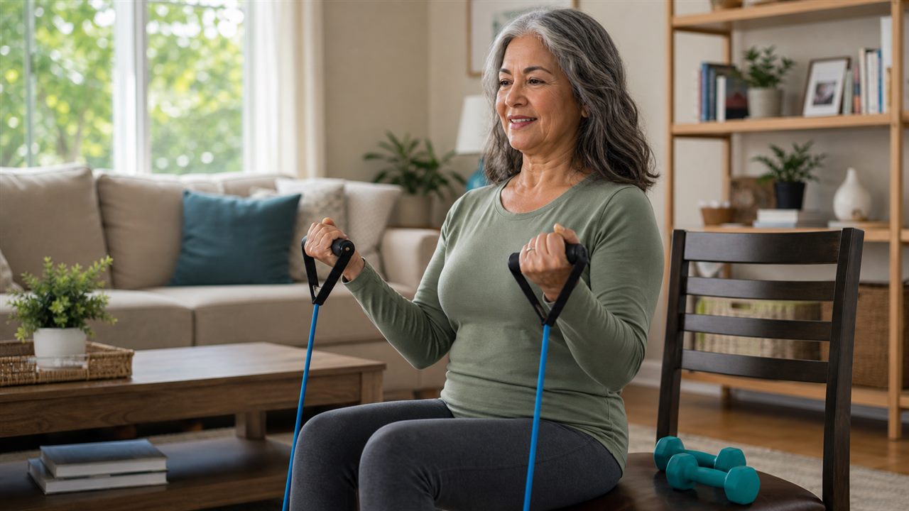 Woman over 50 doing beginner strength training with resistance bands and light dumbbells at home.