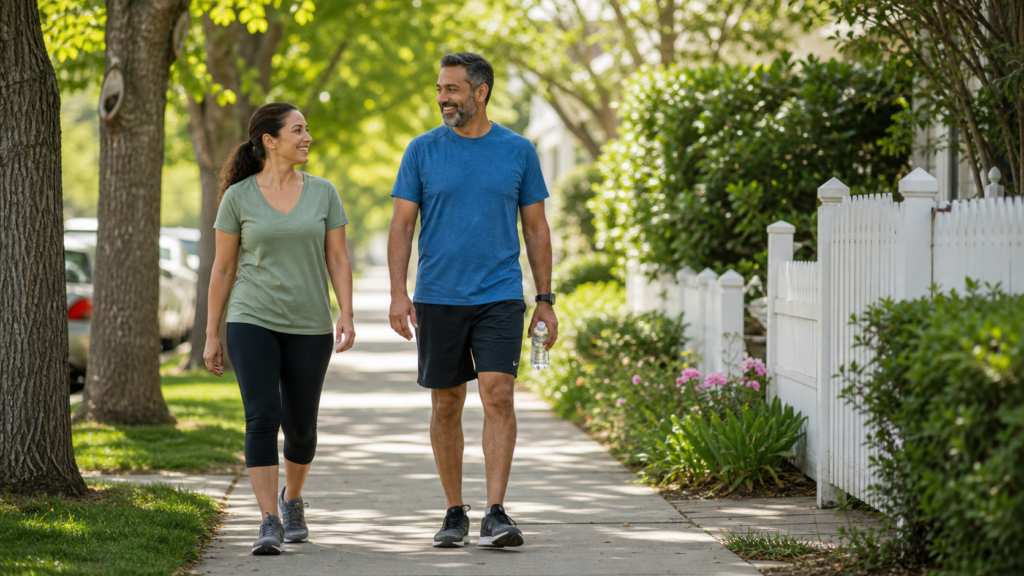 Adults taking a relaxed walk after a meal in a leafy neighborhood.