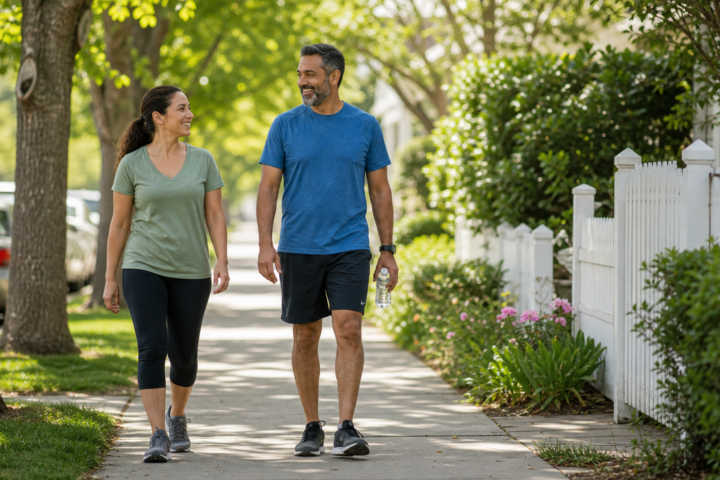 Adults taking a relaxed walk after a meal in a leafy neighborhood.